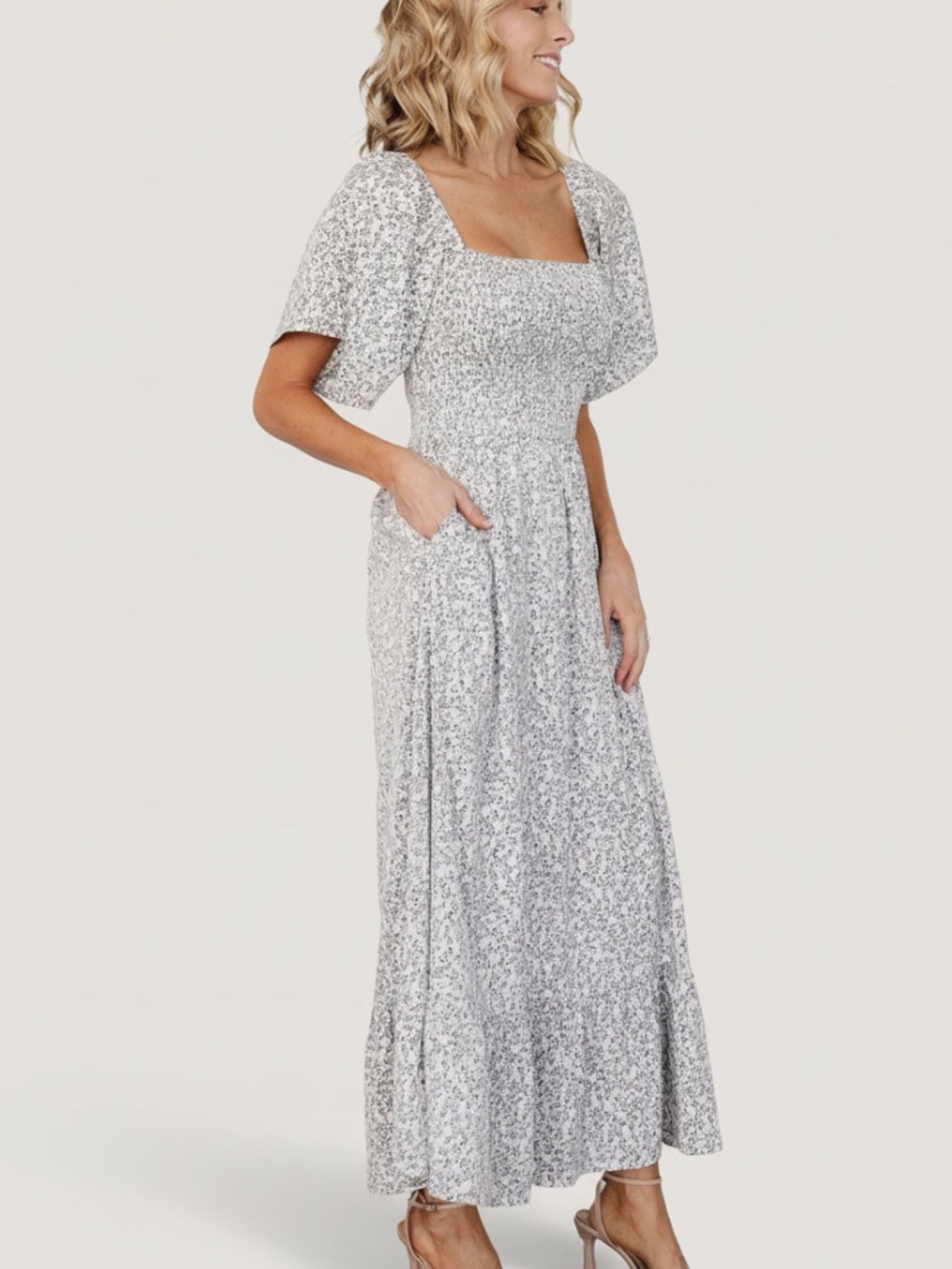 Baltic Born Cassis Smocked Midi Dress | Ivory + Black Floral Size SS - Picture 4 of 5